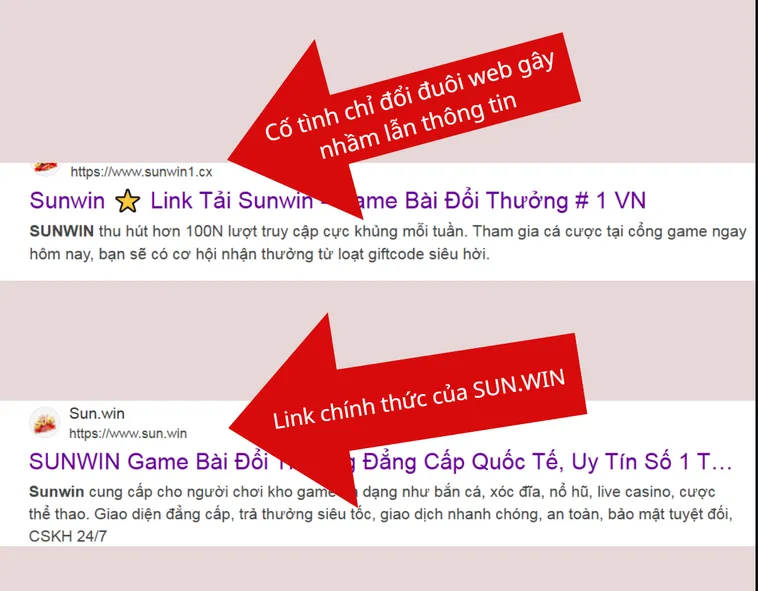 So sánh hai đường dẫn giúp người dùng nhận biết đâu là trang web thật của Sun.win.
